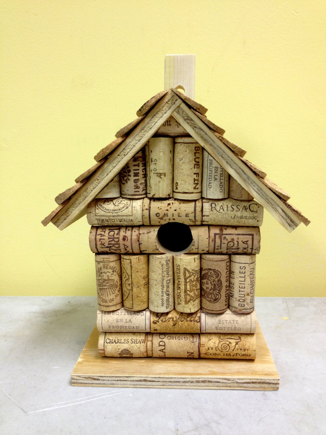 Wine cork and wood birdhouse bird house handmade from real