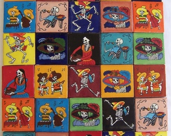 30 Hand Painted Day of the Dead Mexican Talavera Tiles 2" X 2" Tiles