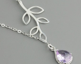 Sterling Silver Leaf Necklace - Lavender Glass Sterling Silver Lariat Necklace - Bridesmaid Necklace - Bridesmaid Jewelry - Branch Necklace