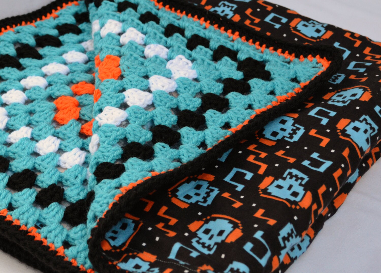 Digital skull crochet baby blanket granny square reversible