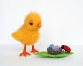 Needle felted chick and ladybird, Easter holiday decor soft sculpture, Easter basket holiday decor - Made to order 5 working days