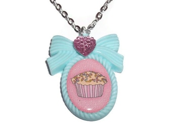 Mint Green Necklace, Kawaii Cupcake Cameo Necklace, Pastel Jewelry