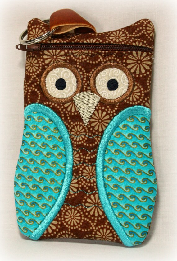 OWL cell phone zippered case Brown and Teal