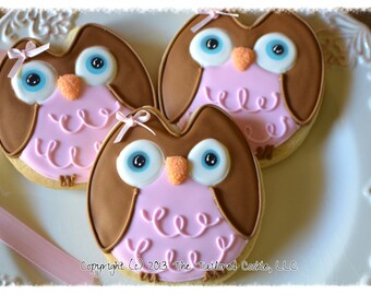 Decorated Baby Girl Owl Shortbread Sugar Cookie Favors Pink