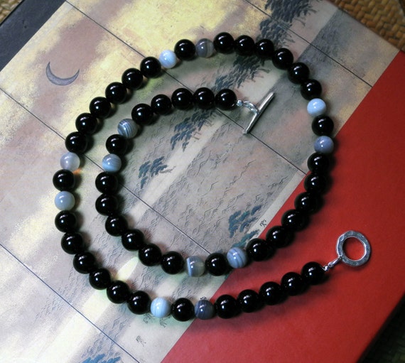 Black Onyx Beaded Necklace, Onyx Necklace, Agate and Onyx Sterling ...