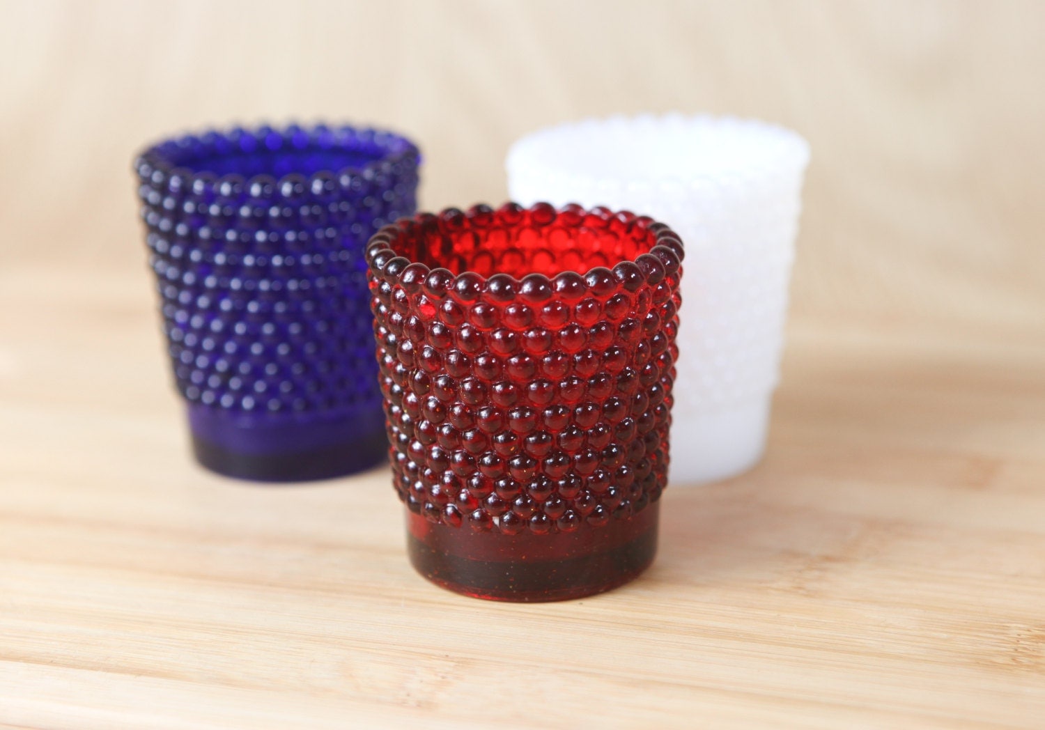 Vintage Hobnail Glass Votive Candle Holders red white & Blue