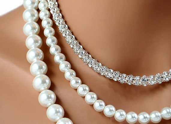 Bridal Necklace Pearl Rhinestone Wedding Necklace Il_570xn
