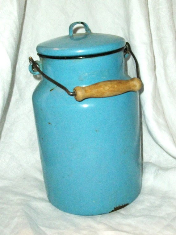 Vintage Blue Enamel European Milk Pail with Lid