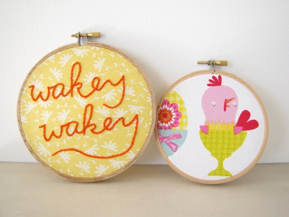 Embroidery Hoop Wall Art Set Home Decor - "Wakey Wakey" kitchen bedroom good morning wake up sunny spring chick, yellow, tangerine