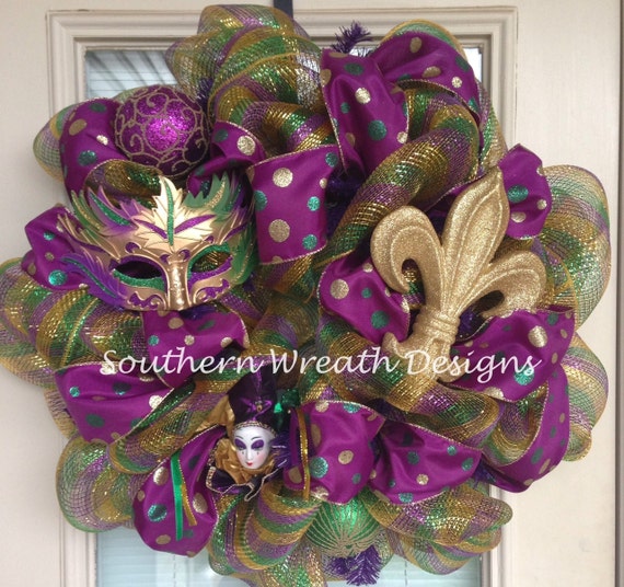 Mardi Gras Mask Fleur De Lis Jester Face Deco Mesh Wreath