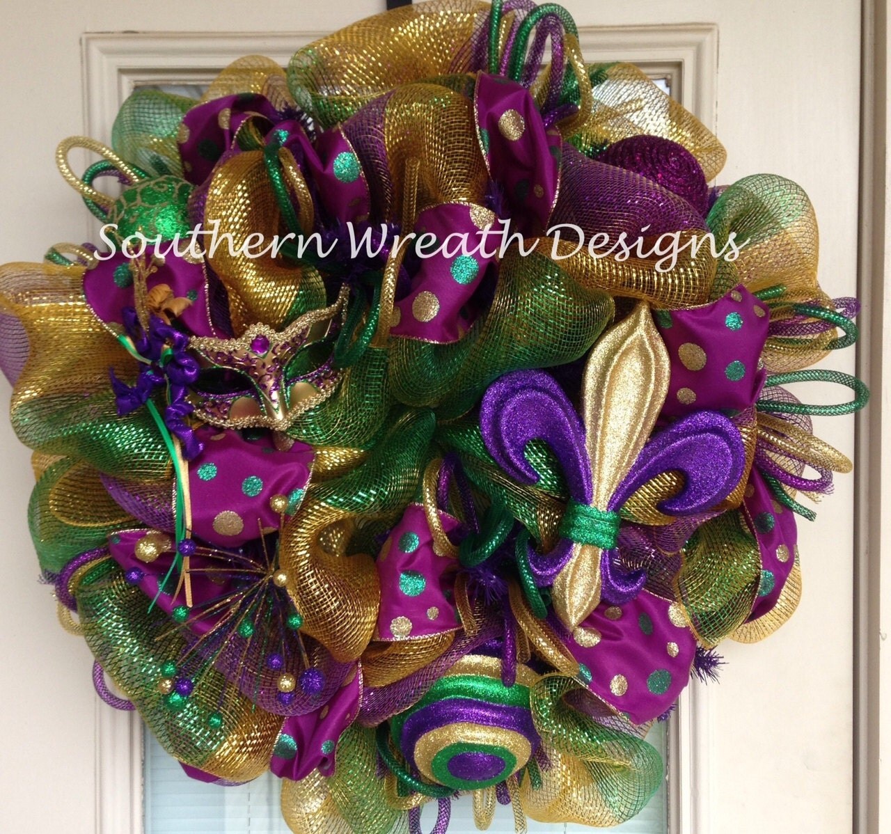 Mardi Gras Mask Fleur De Lis Deco Mesh Wreath