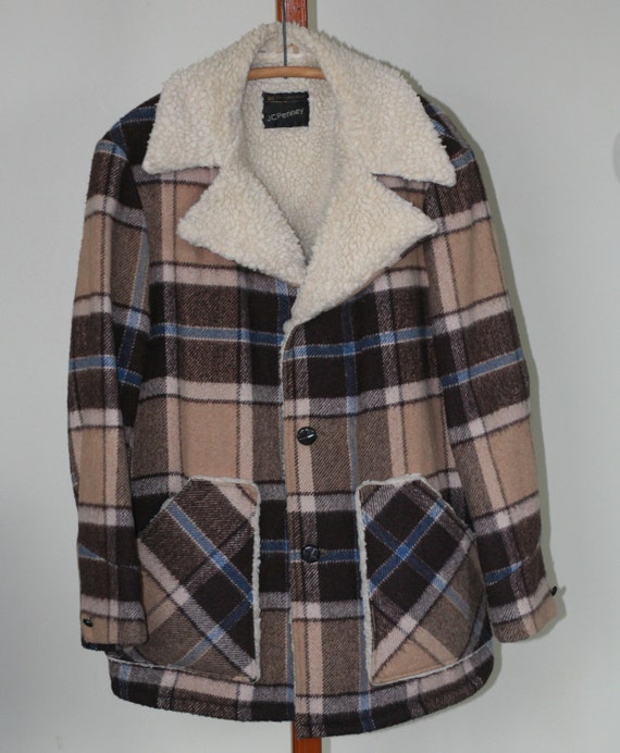 vintage brown plaid wool jacket fleece lined size large by jc