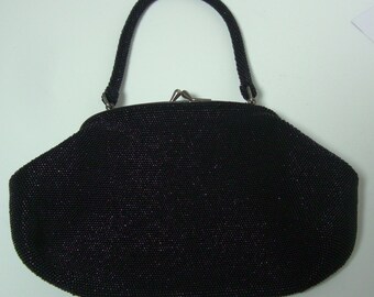 Plain black beaded evening handbag,1960s vintage Japanese