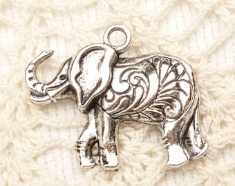 Ornate, Elephant Charm Pendant, Antique Silver (6) - S131