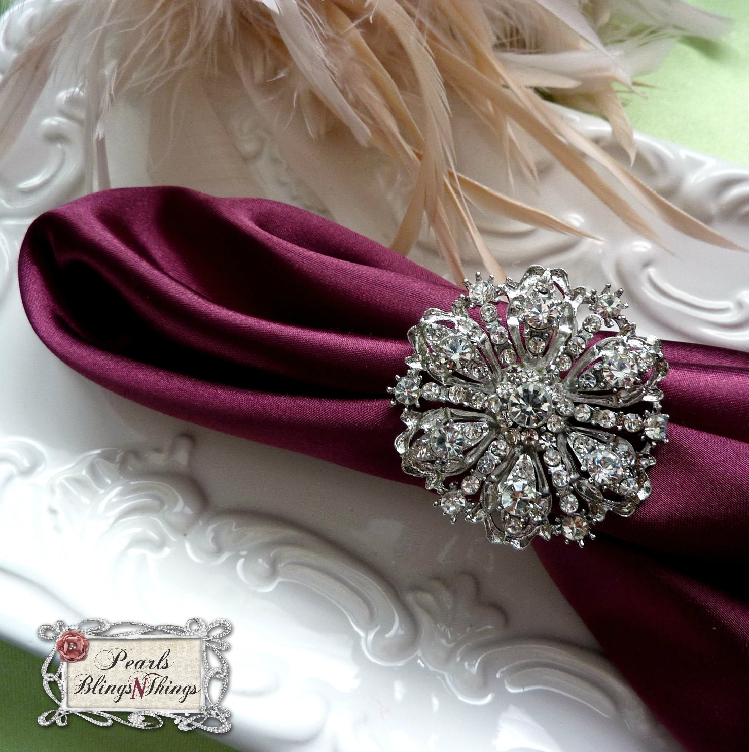 SALE Large Custom Crystal Rhinestone Napkin Ring Holder Brooch