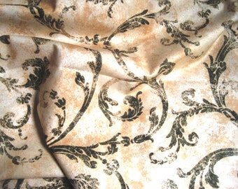 Distressed Scrolls Fabric, Fat Quarter, Dark Green / Tan, 18" X 22" inches, 100% Cotton, For Victorian & Romantic Projects