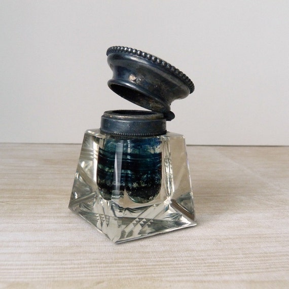 Vintage Ink Well Glass Silver Plate Inkwell