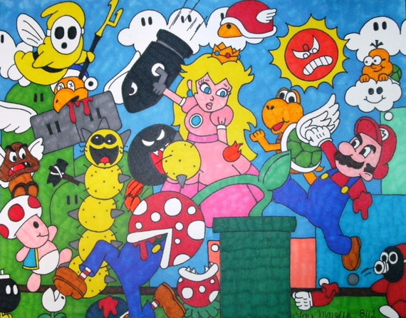 Mature Mario Vs Enemies Fanart Drawing 9x12 Horror by ToniTiger415