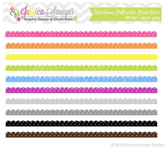 INSTANT DOWNLOAD, whimsical polkadot rainbow scalloped borders, border clip art, clipart, scrapbook edge, commercial use Il_570xn