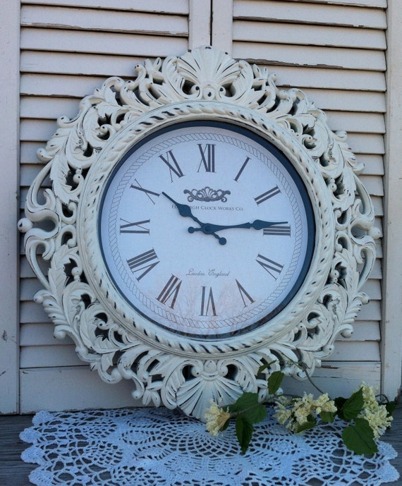 Large Baroque Wall Clock Ornate Shabby Chic White