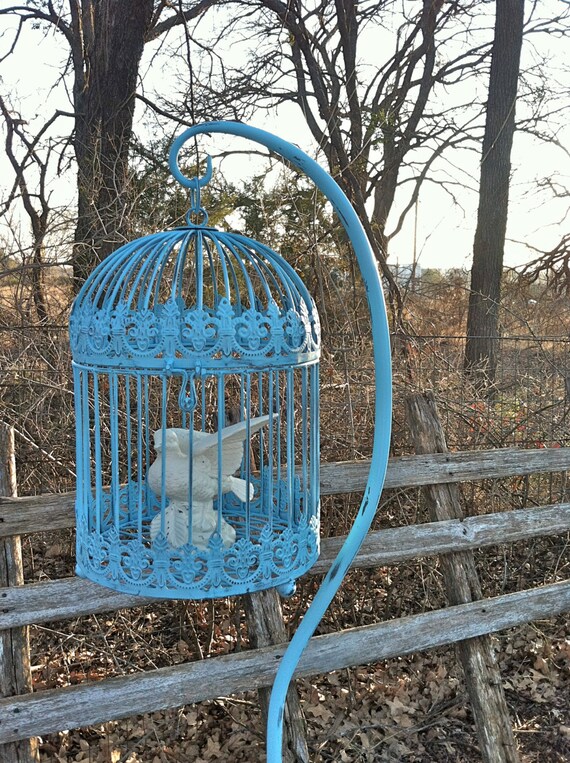 Aqua Bird Cage with Hanging Stand / 5 Feet Tall / Cottage Chic