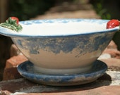 Blue and White Berry Bowl with Strawberries - Hand thrown, stoneware pottery