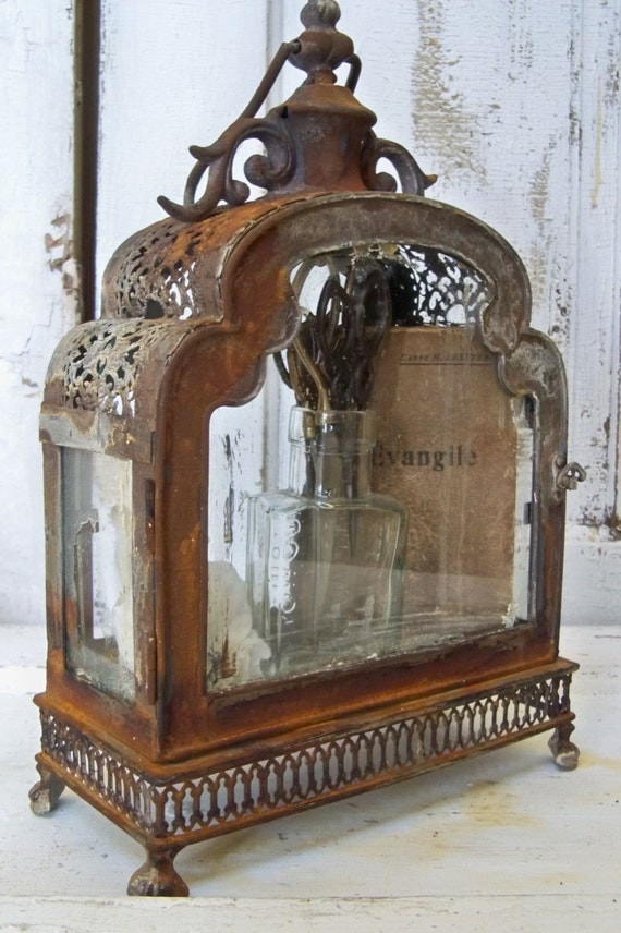 Glass and metal display case ornate distressed rusty