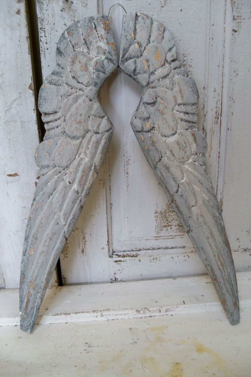 Wooden angel wings wall sculpture white gray distressed carved