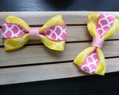 Pink Lemonade, Pair Clips Yellow Pink White Patterned Bow Tie Bows on Alligator Clips