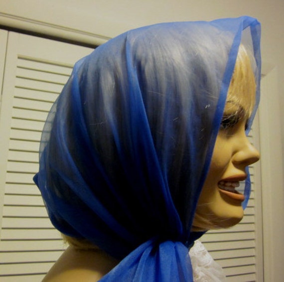 Vtg 60s royal blue nylon BOUFFANT HEAD SCARF convertible ride