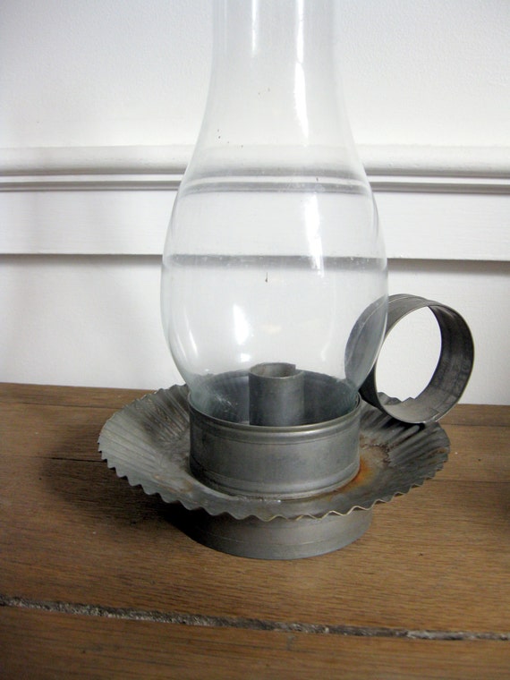 Antique Candle Holder with Hurricane Shade Tin with Crimped