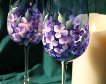 Hand Painted Wine Glasses (Set of 2) - Violets on Cobalt Blue glass