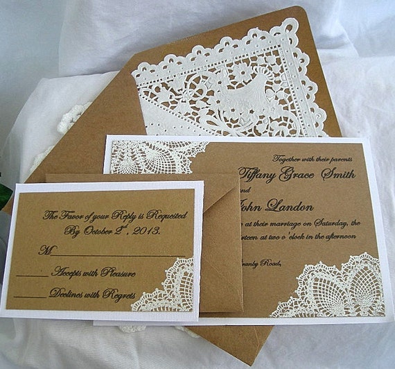 Custom Wedding Invitation & RSVP Kraft Vintage Rustic White