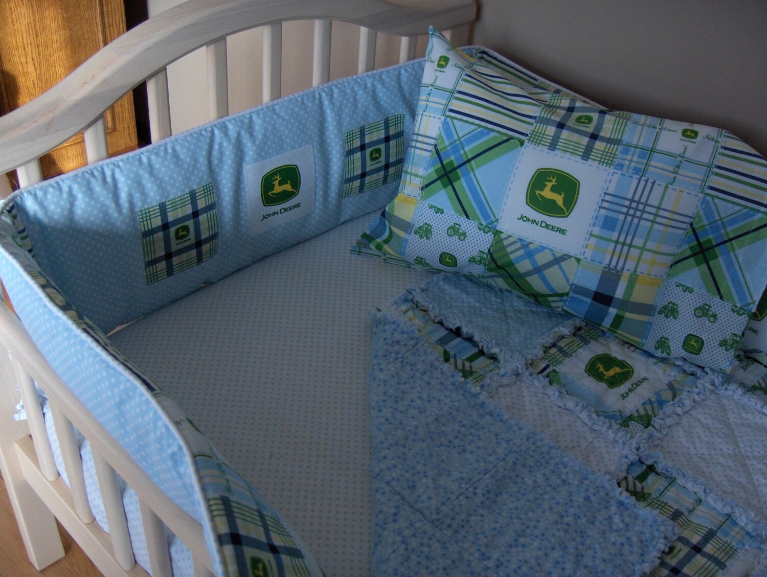 Baby Blue Madras Plaid John Deere Fabric Crib Bedding SET Rag