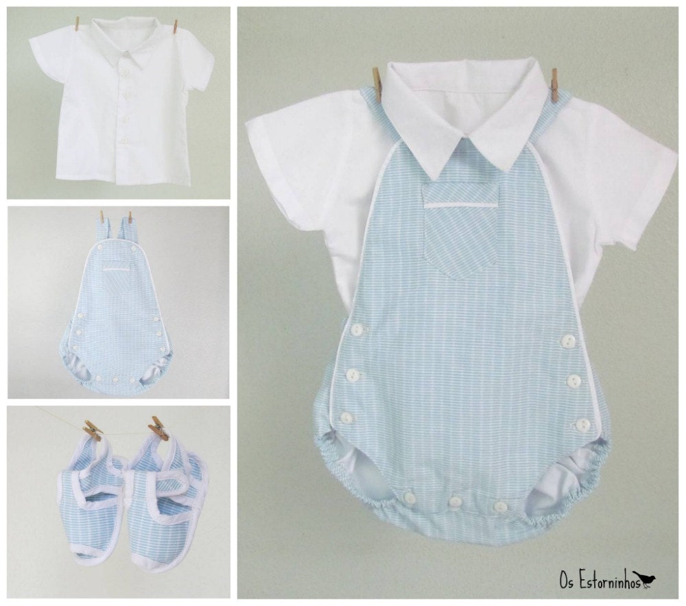 Baby boy Outfit Striped Blue overalls white shirt and