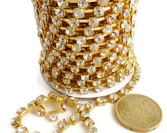 9m (9,84 yd) Golden colour strass 4x4mm cristal stonechain for making bracelets