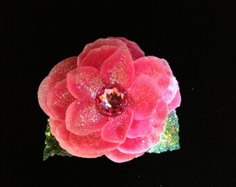 Glittered Pink Open Rose with Large Swarovski Crystal Center on Alligator Hair Clip- Handmade Floral Headpiece