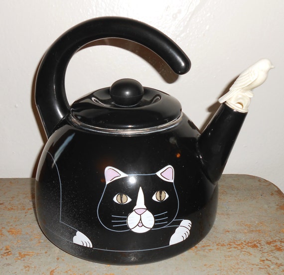 Vintage Tea Kettle Cat Bird Black Tea Pot