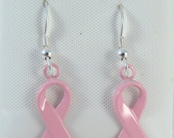 Pink Ribbon Charms on Sterling Silver Ear Wire Dangle Earrings - Breast Cancer Awareness - (5015)