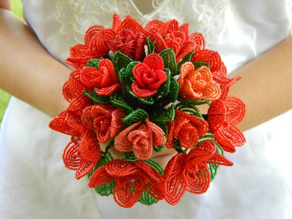 Shades of Red French Beaded Flower Bridal Bouquet