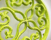 BOLD TRIVET vibrant chartreuse lime green   // ornate round floral design // rustic shabby cottage chic // hand painted // kitchen decor