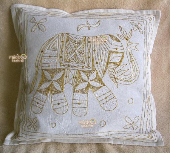cotton cushion pillow cover case elephant zari gold embroidery
