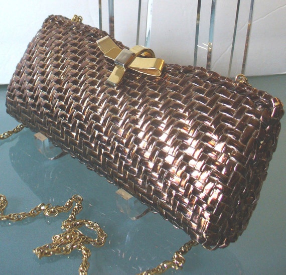 Vintage Rodo Wicker Clutch with Copper Metallic Finish Made in Italy