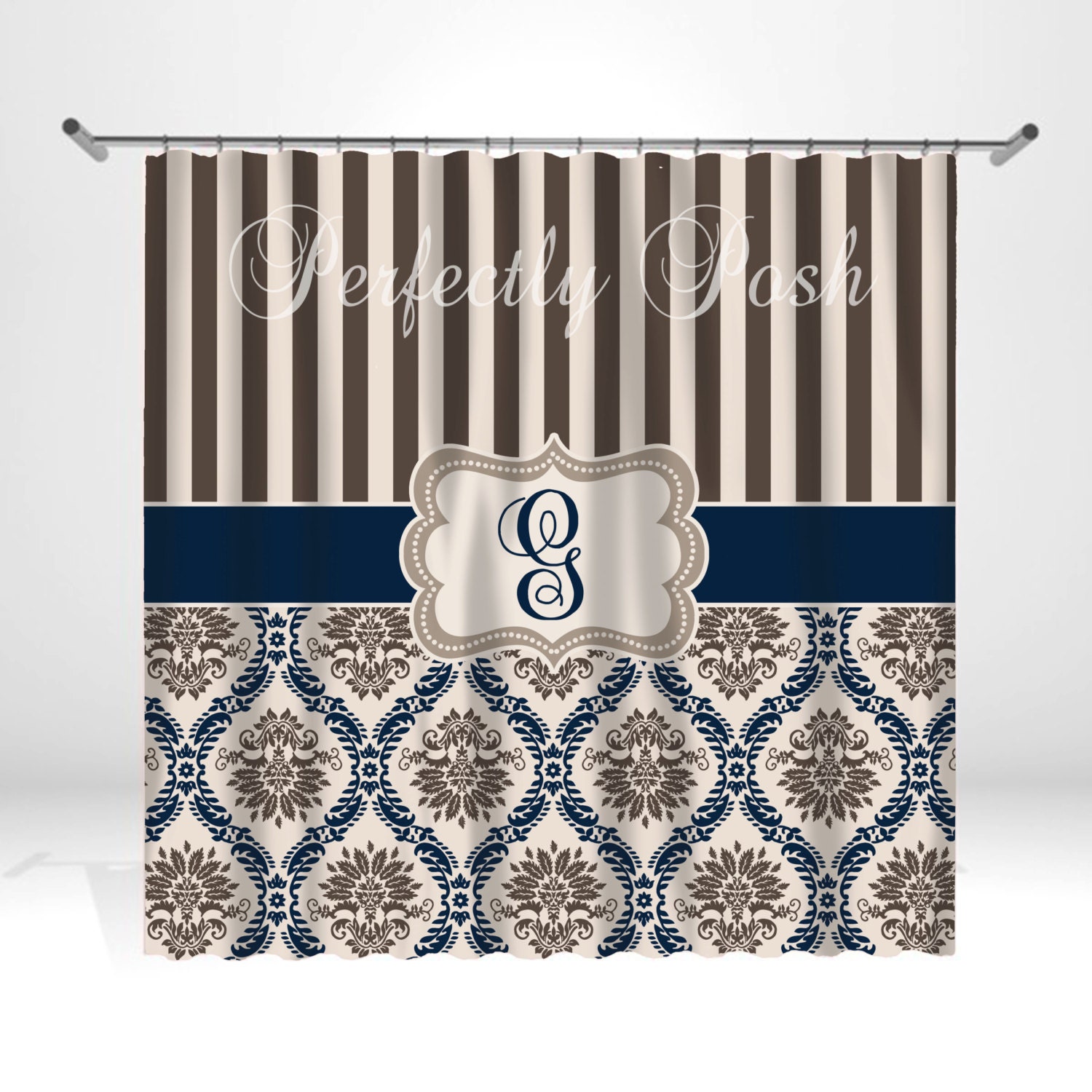 Personalized Damask and Stripe Shower Curtain by ItsPerfectlyPosh