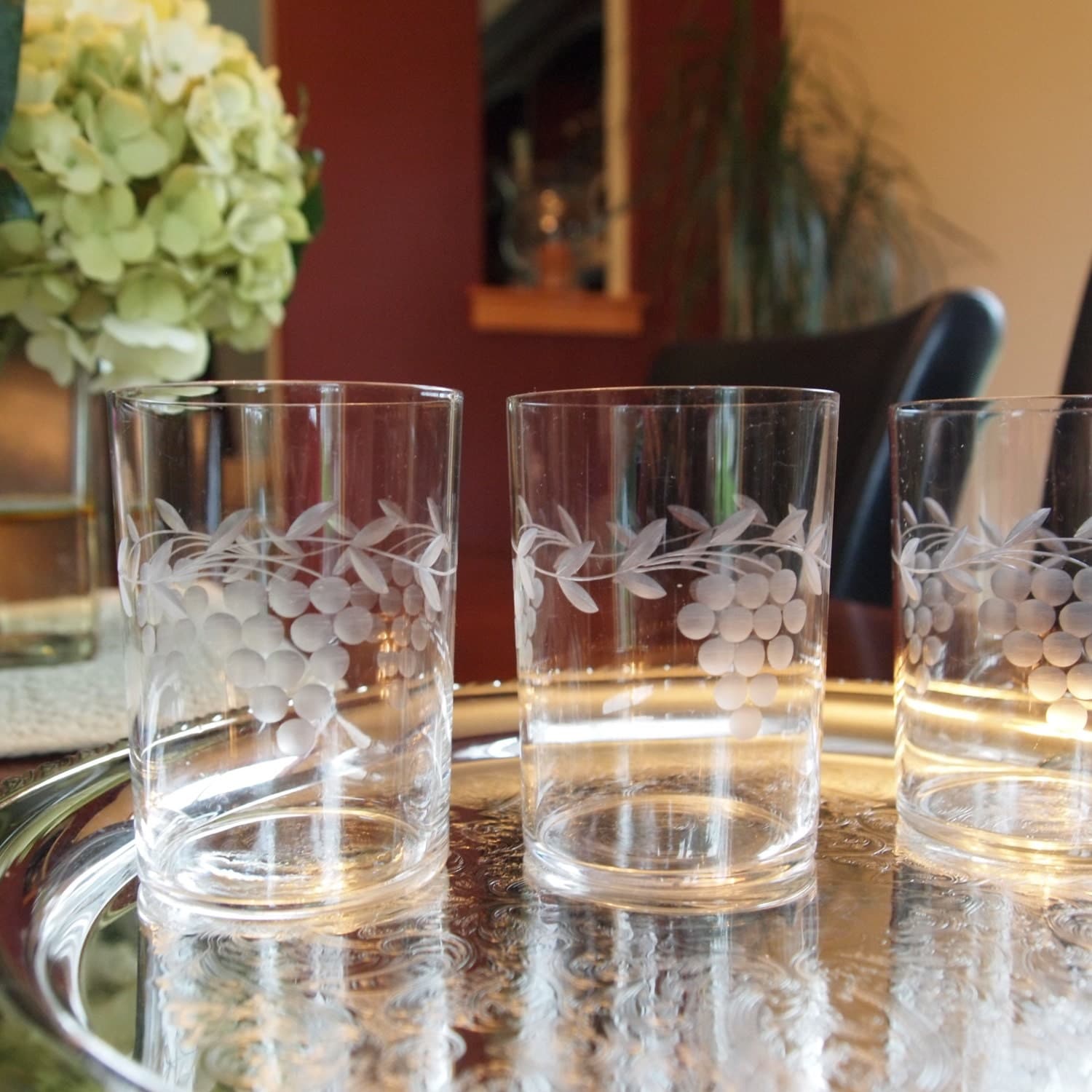 Pretty Vintage Drinking Glasses Etched with Grapes and Leaves