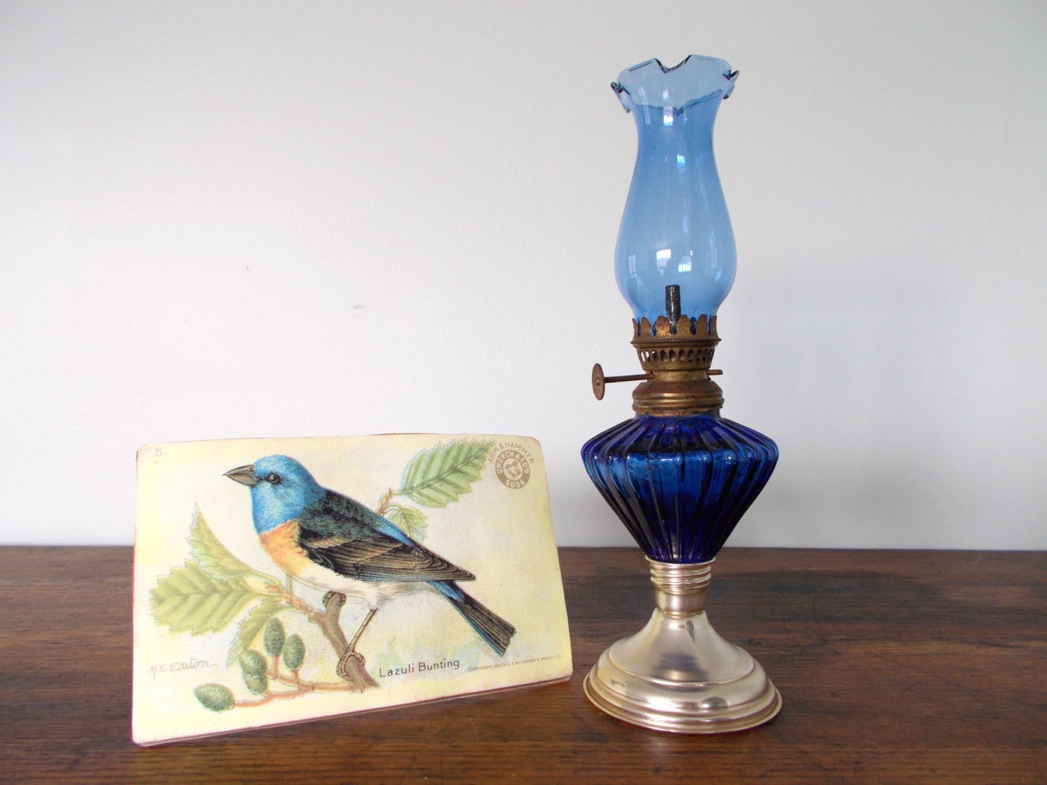 Small Vintage Cobalt Blue Glass Chimney Oil Lamp