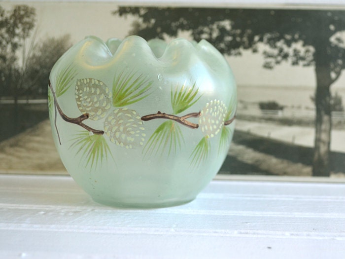 Vintage Green Glass Rose Bowl Green Frosted Glass Vase