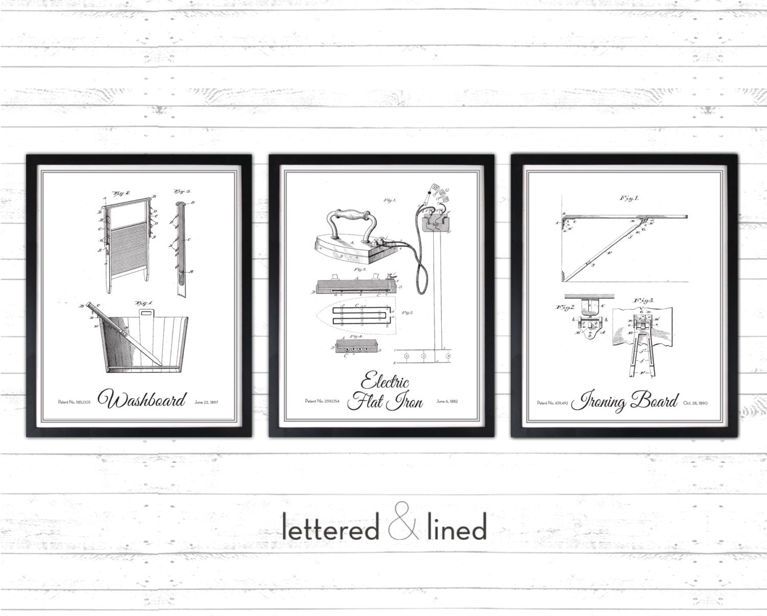 SET Vintage Laundry Illustrations 3 prints Antique