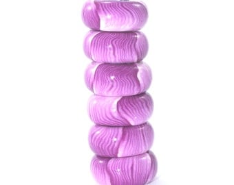 Pink, purple and white round flat beads in stripes pattern, Polymer Clay beads, unique pattern, Set of 6 beads