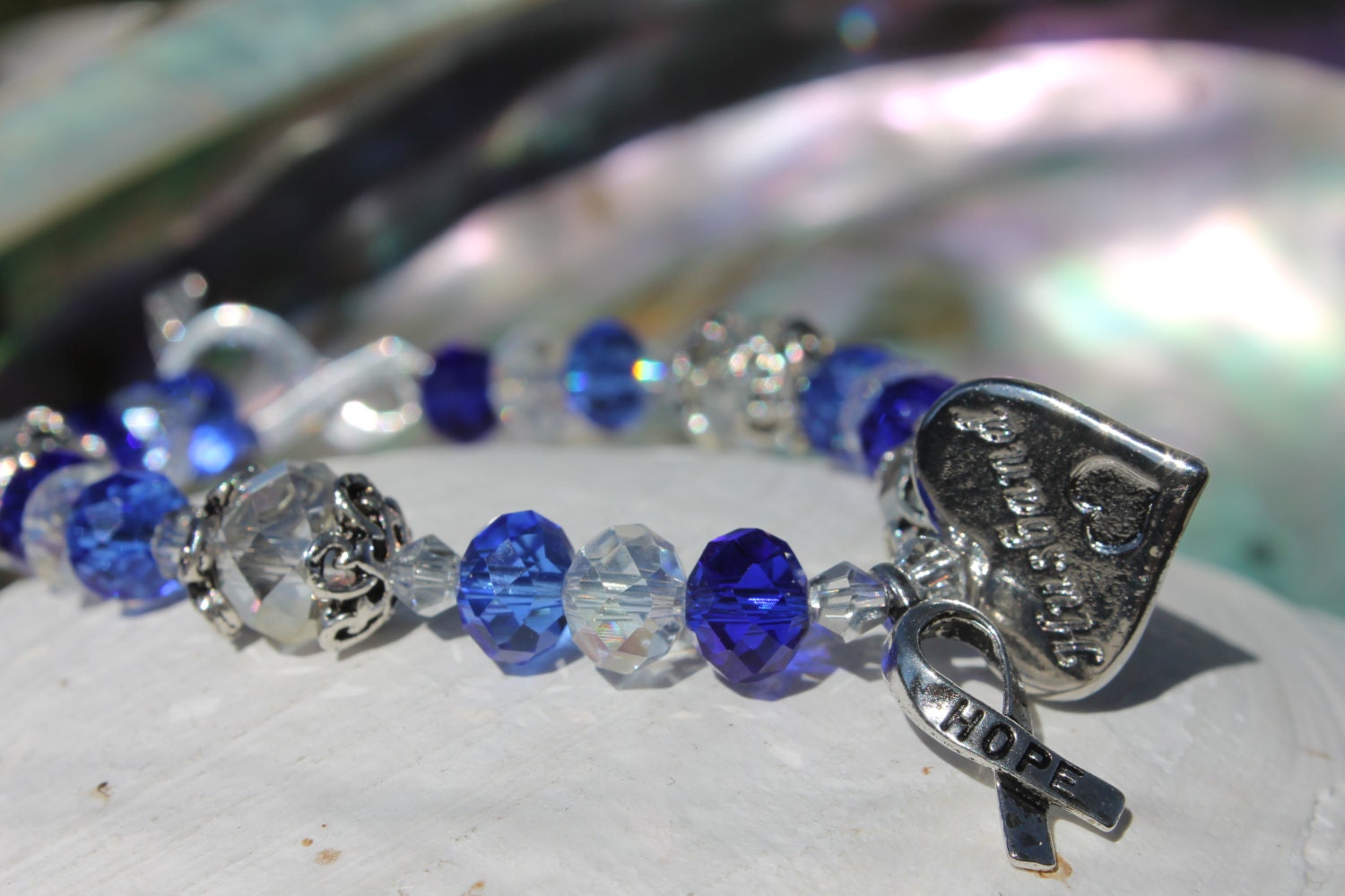 Colon Cancer Crystal beaded cancer hope bracelet with by DzGoodz